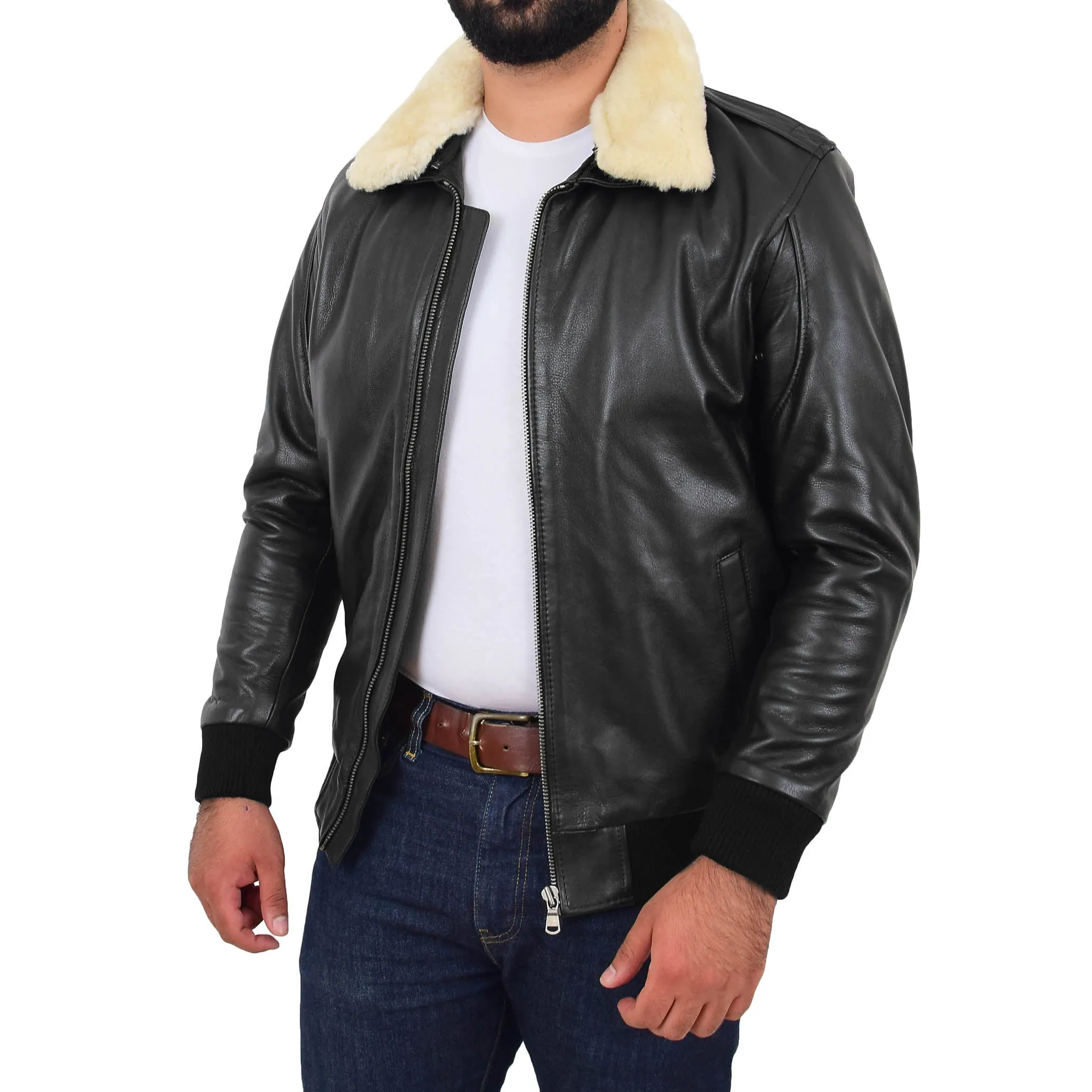 Mens Genuine Cowhide Pilot Leather Jacket Sheepskin Collar Bomber Dylan Black