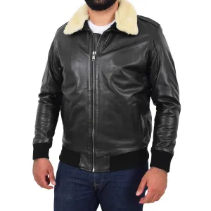 Mens Genuine Cowhide Pilot Leather Jacket Sheepskin Collar Bomber Dylan Black