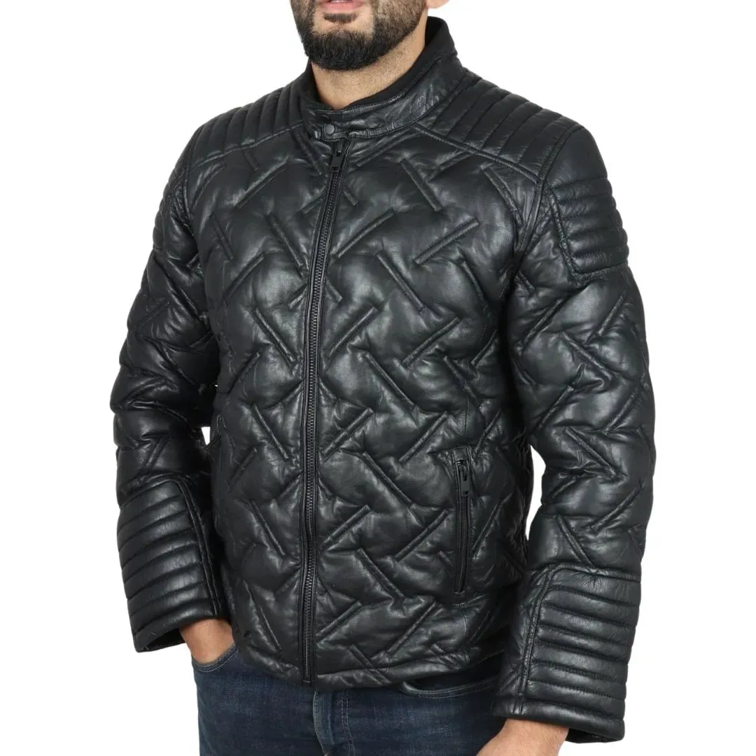 Men's Quilted Puffer Padded Biker Real Leather Jacket