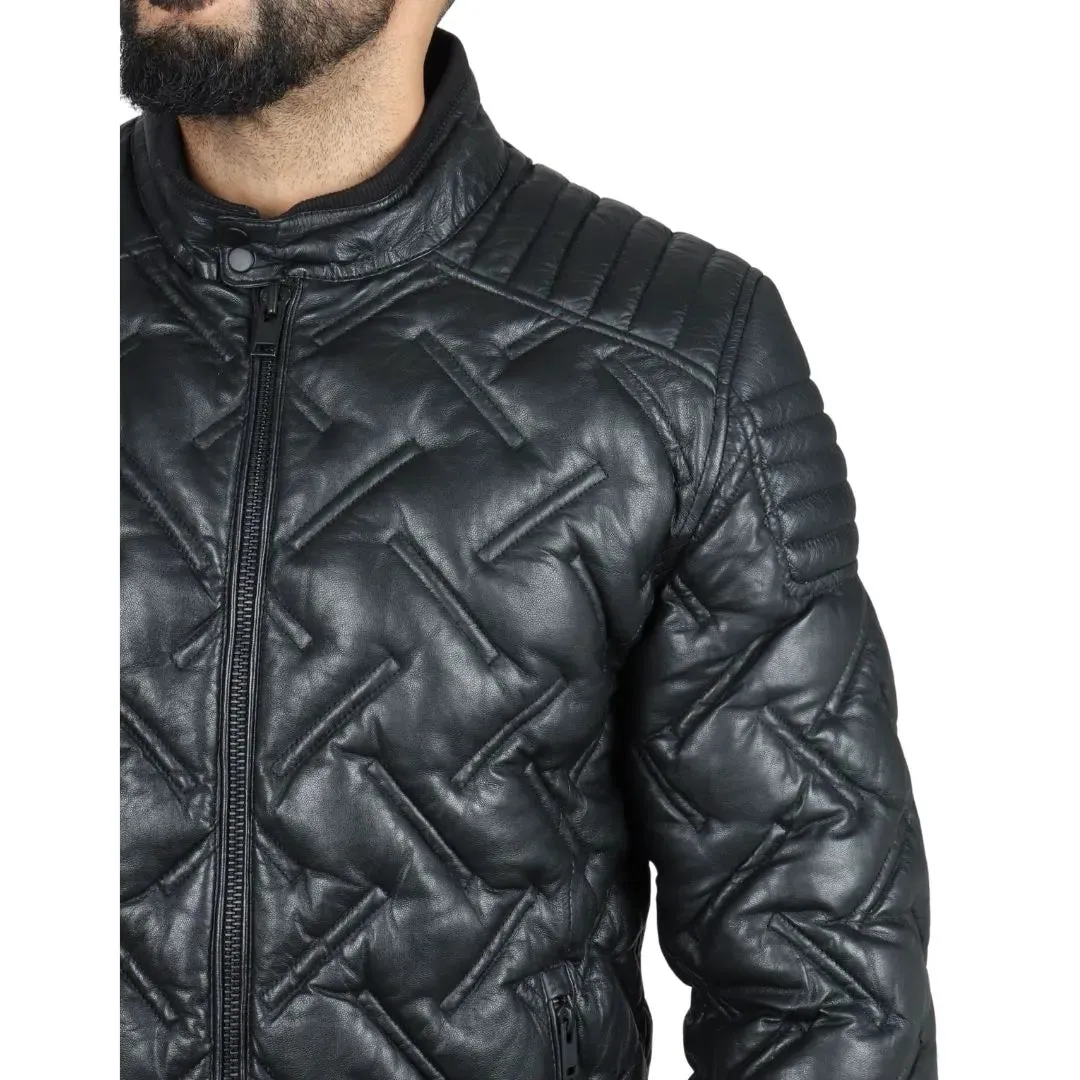 Men's Quilted Puffer Padded Biker Real Leather Jacket