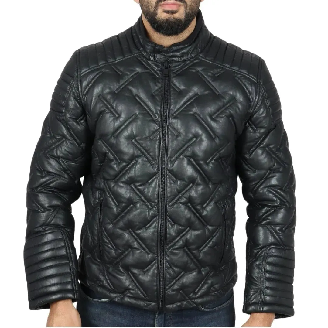 Men's Quilted Puffer Padded Biker Real Leather Jacket