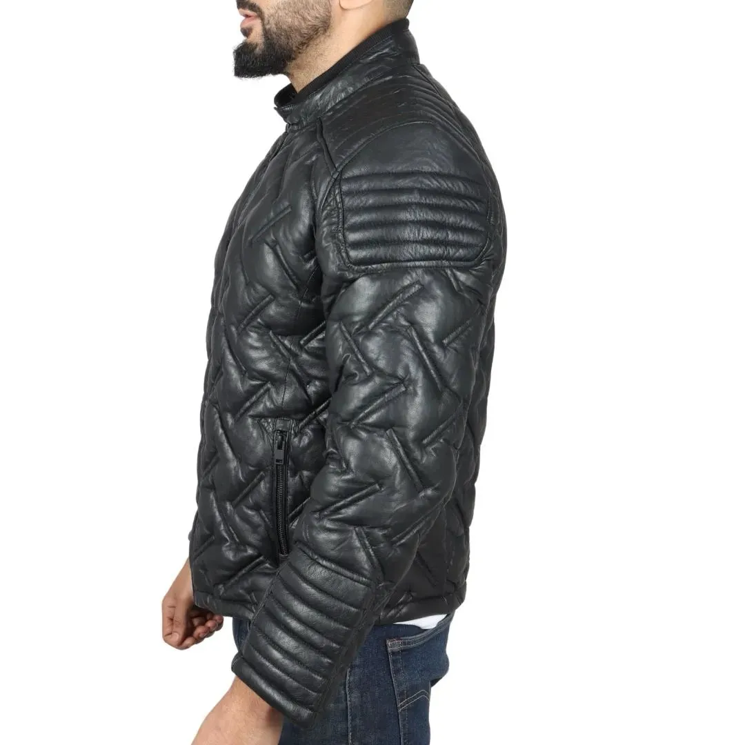 Men's Quilted Puffer Padded Biker Real Leather Jacket