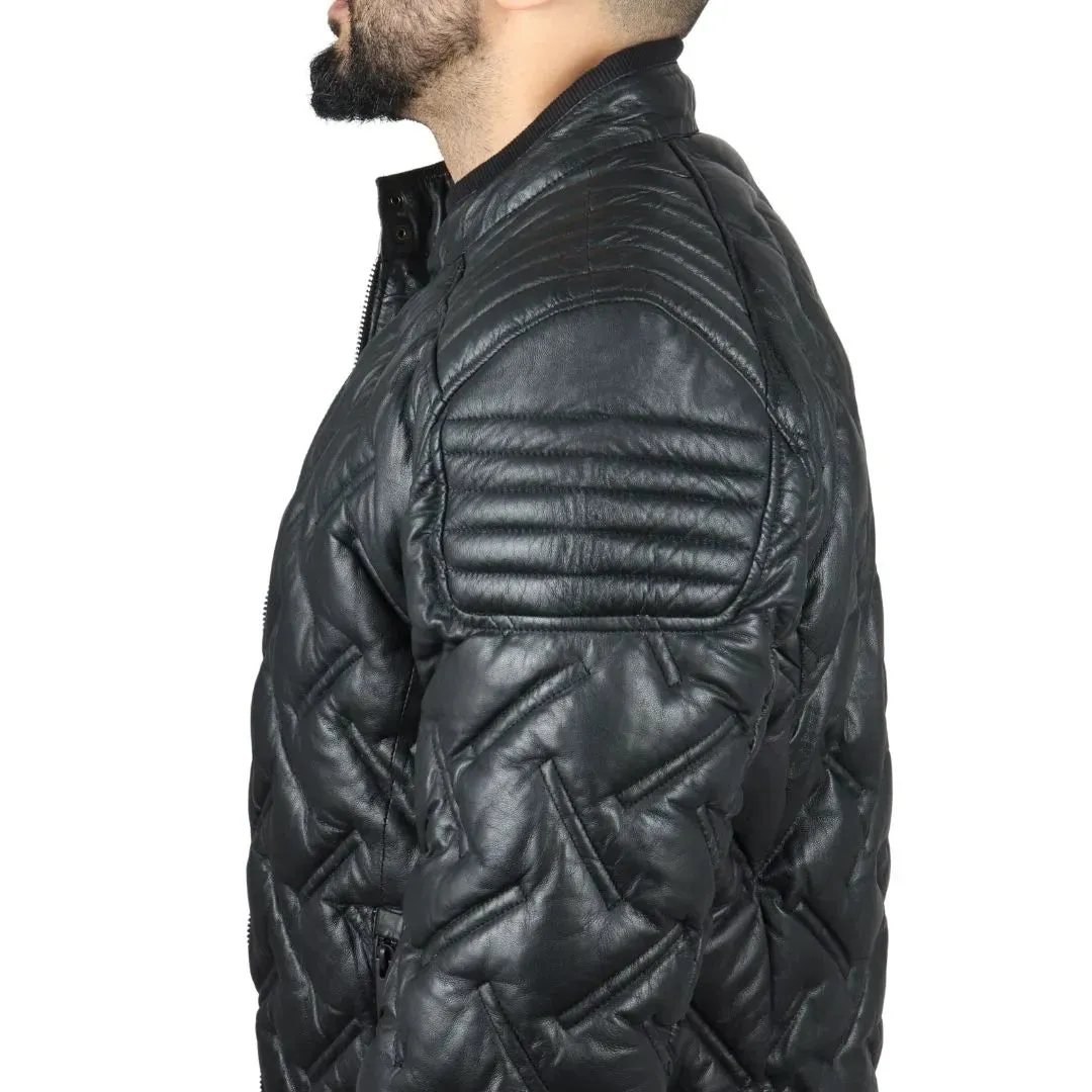 Men's Quilted Puffer Padded Biker Real Leather Jacket