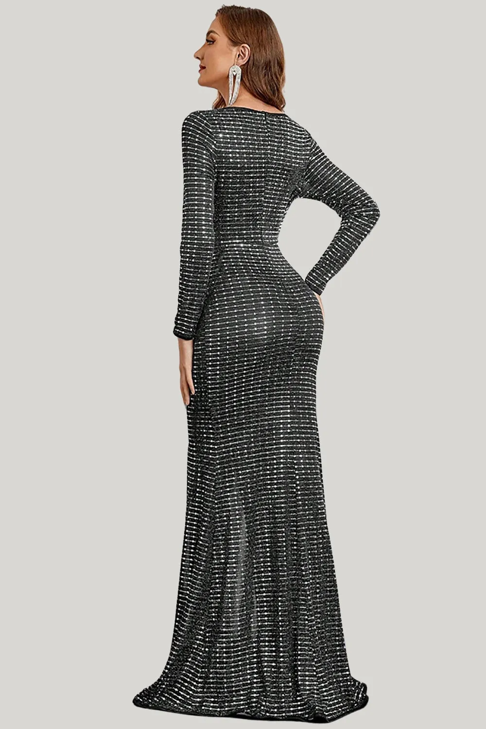 Mermaid Long Sleeves Black Sparkly Maxi Dress with Slit