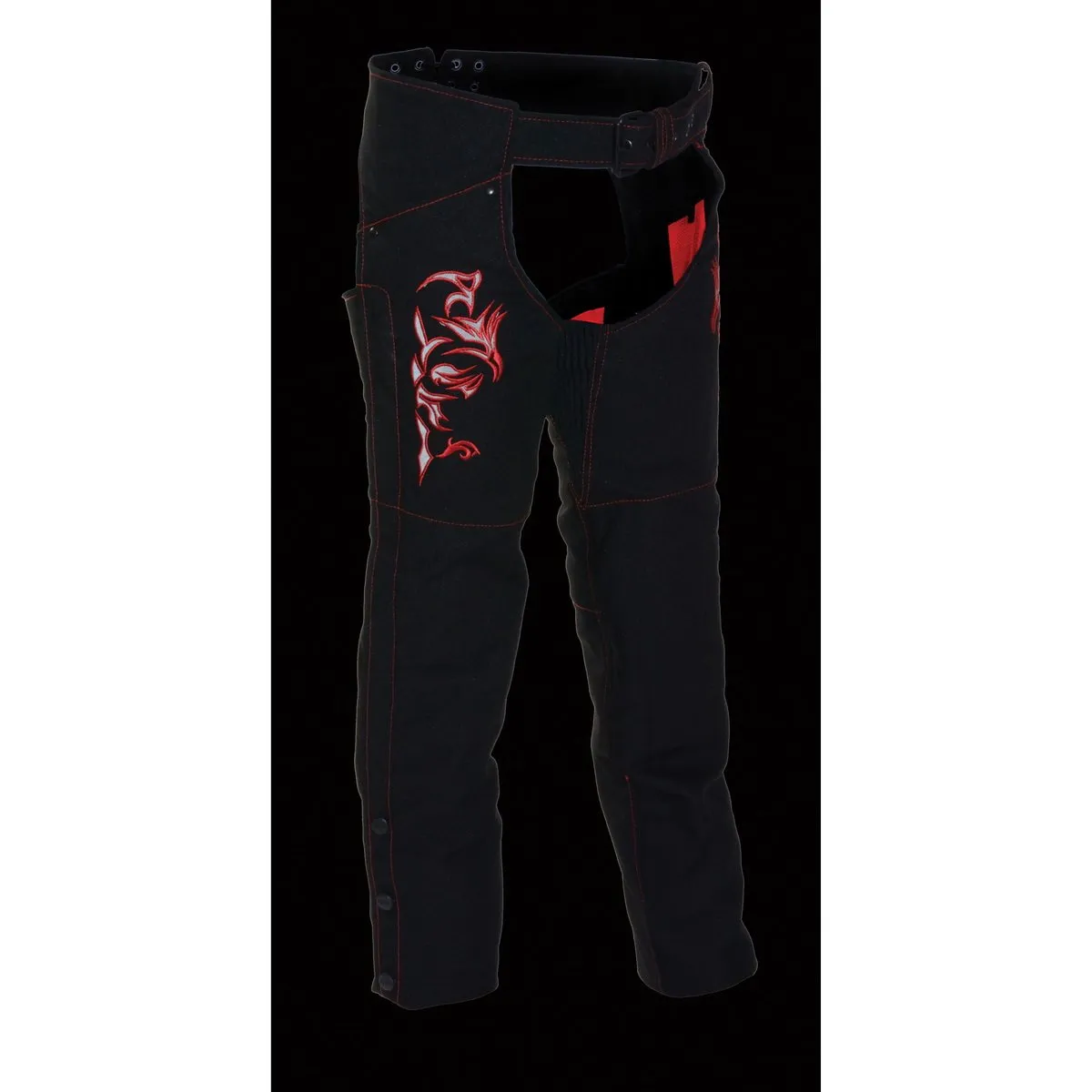 Milwaukee Leather SH1182 Women's Black with Red Textile Motorcycle Riding Chaps with Tribal Embroidery