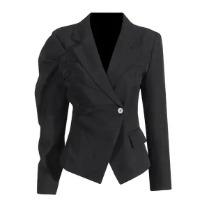 Offbeat Lapel Ruched Puff Sleeve One Button Cutaway Tailored Blazer