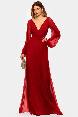 Red Chiffon Column V Neck Long Sleeve Formal Dress