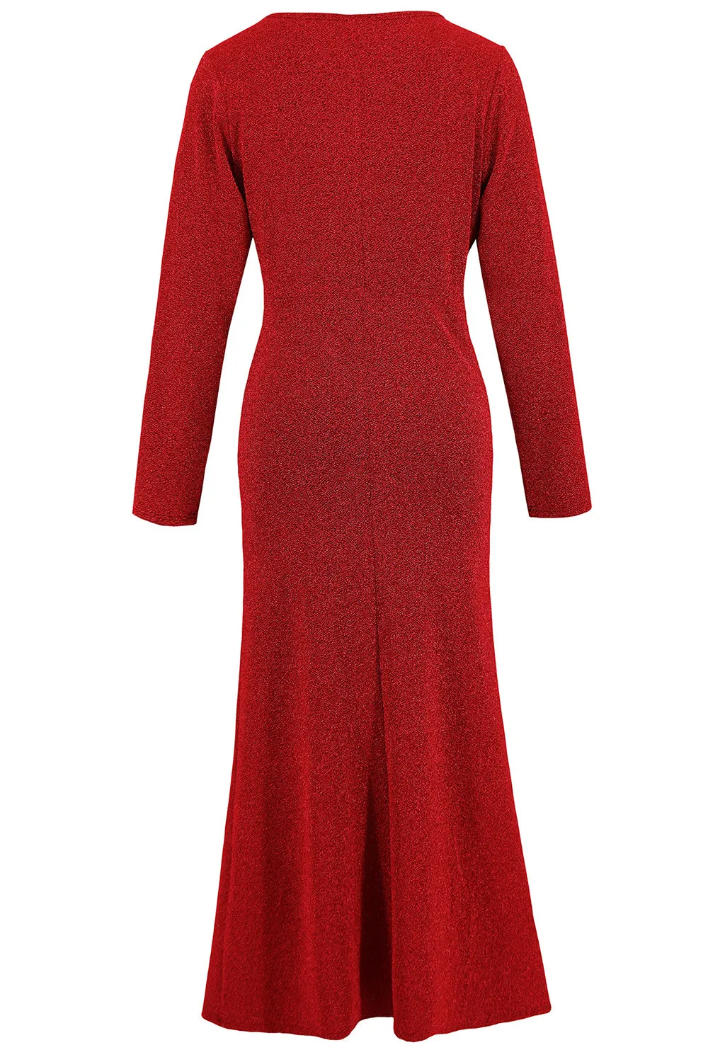 Red Mermaid Scoop Neck Maxi Wedding Guest Dress with Long Sleeves