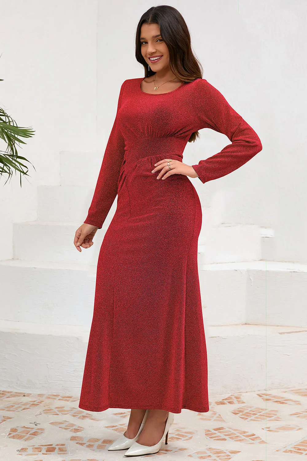 Red Mermaid Scoop Neck Maxi Wedding Guest Dress with Long Sleeves