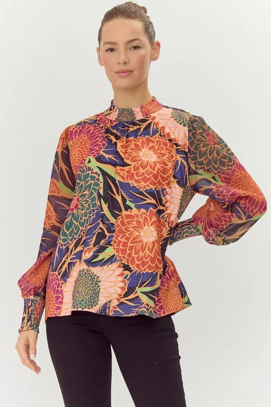 Satin Flower Print Long Sleeves Blouse