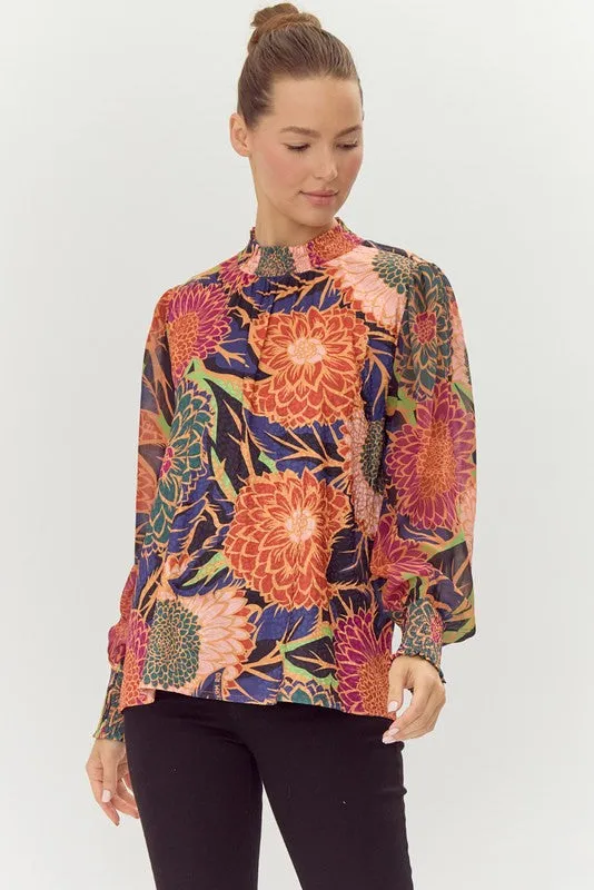 Satin Flower Print Long Sleeves Blouse