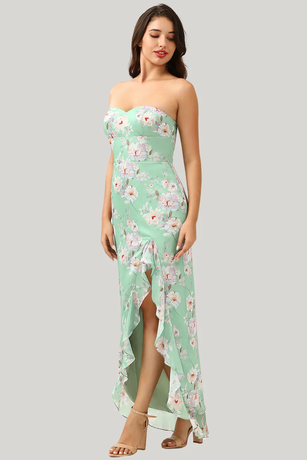 Sheath Strapless Light Green Floral Printed Asymmetrical Dress