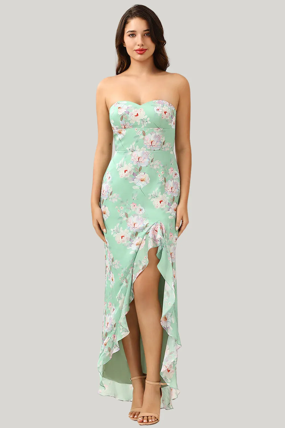 Sheath Strapless Light Green Floral Printed Asymmetrical Dress