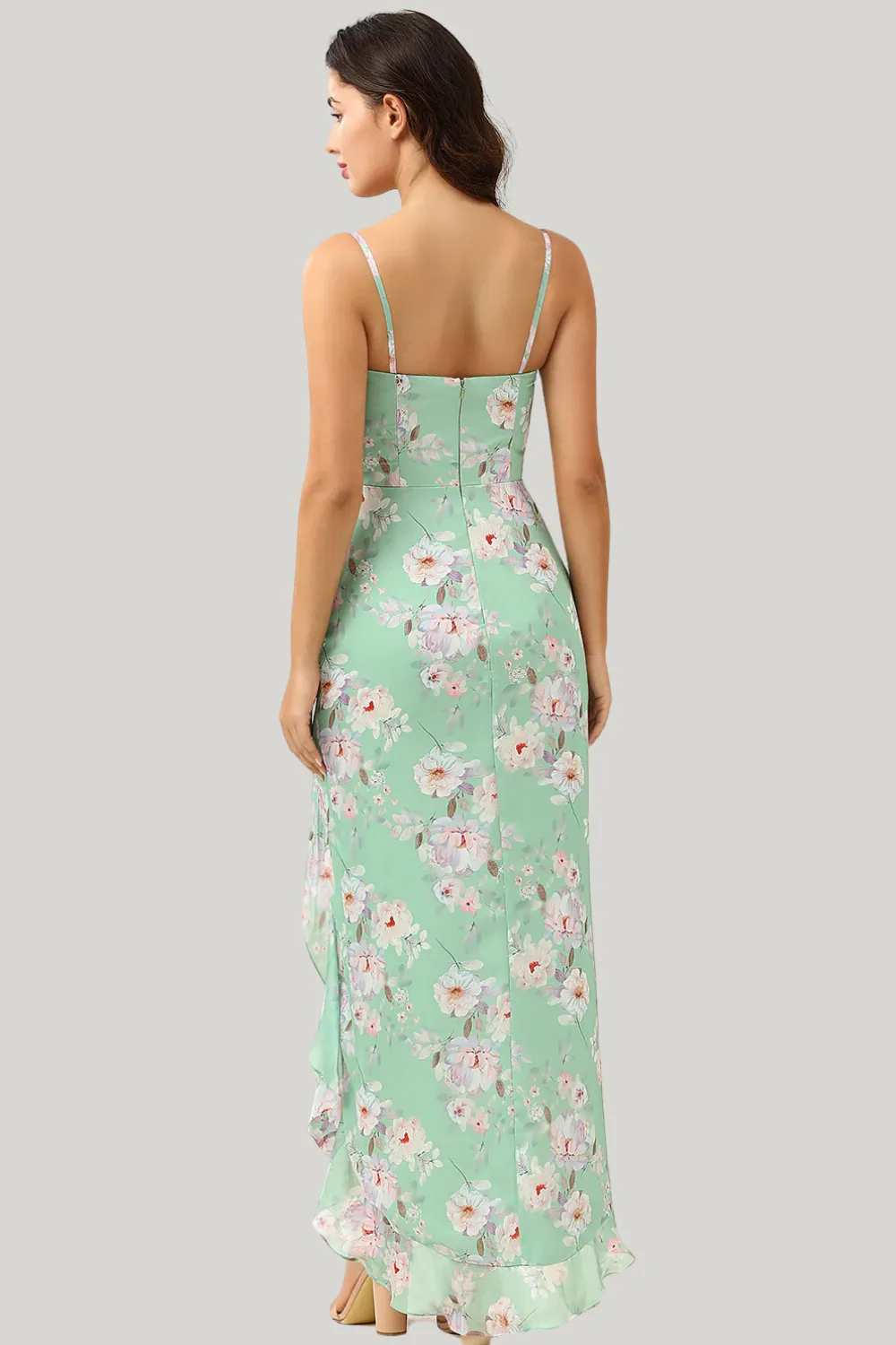 Sheath Strapless Light Green Floral Printed Asymmetrical Dress