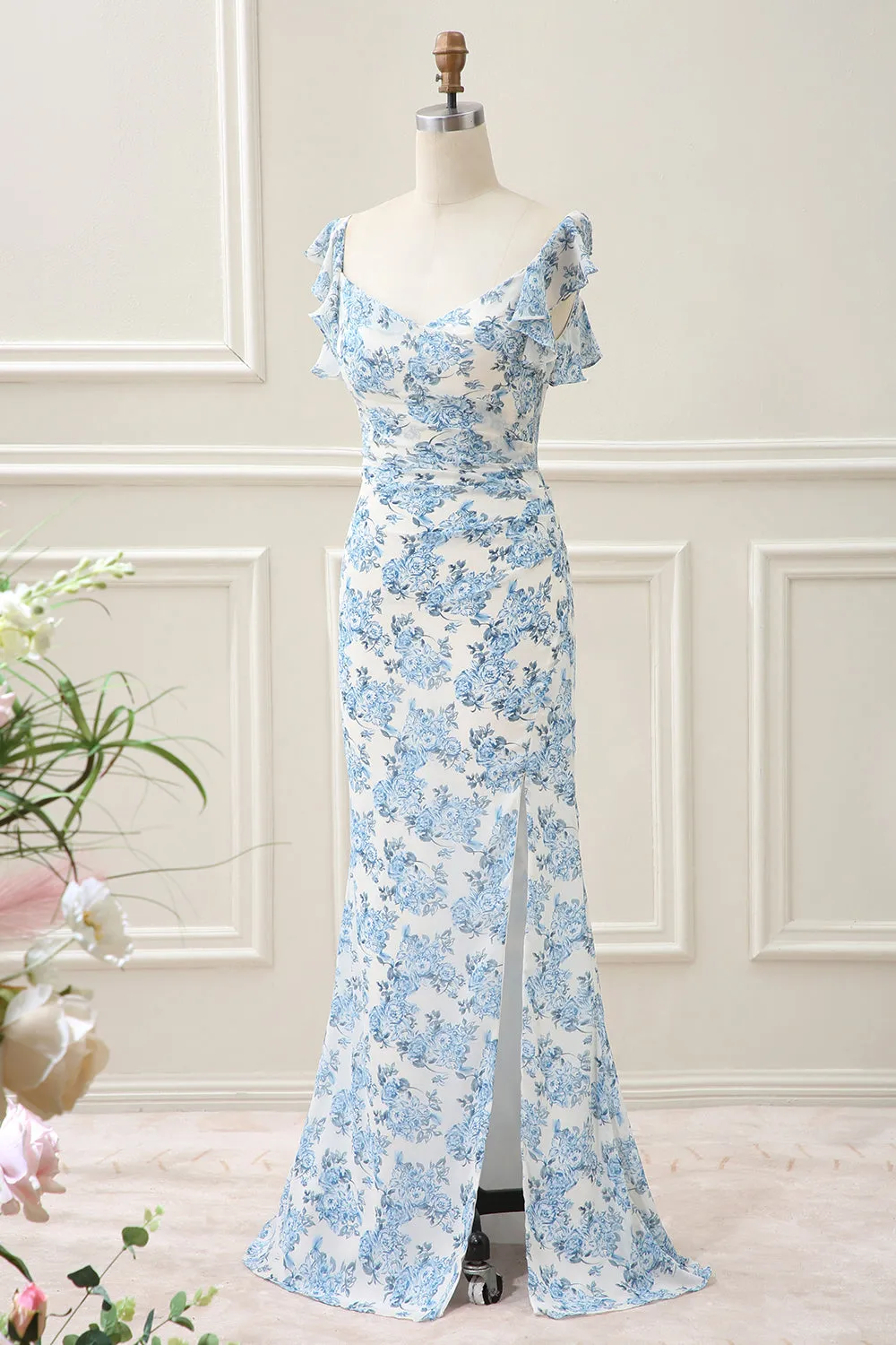 Sheath White Blue Flower Mermaid Maxi Dress with Slit