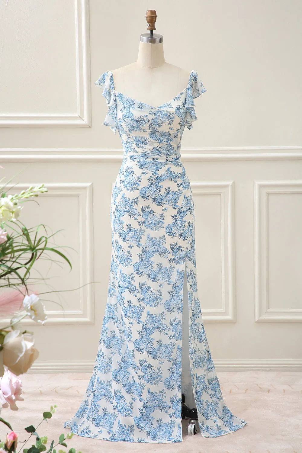 Sheath White Blue Flower Mermaid Maxi Dress with Slit