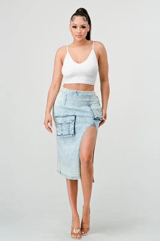 Side Stepper- High Side Split Denim Cargo Skirt