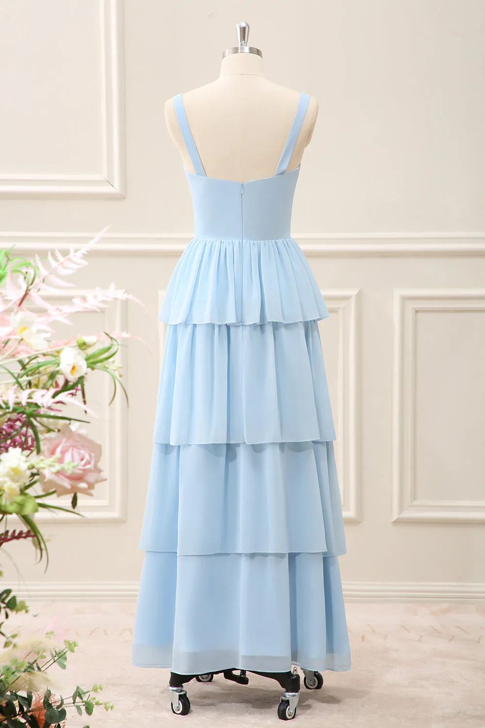 Sky Blue Ruffled Chiffon A Line Tiered Maxi Dress