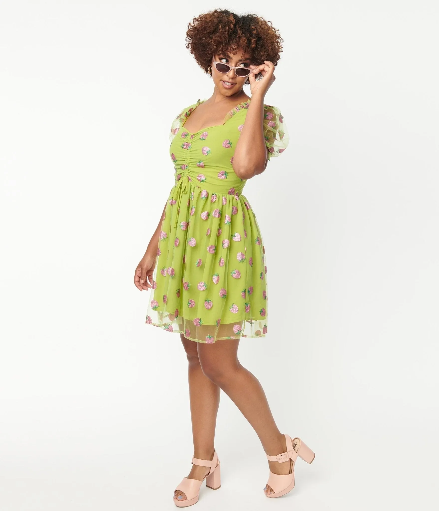 Smak Parlour Avocado & Pink Strawberry Print Woodstock Flare Dress