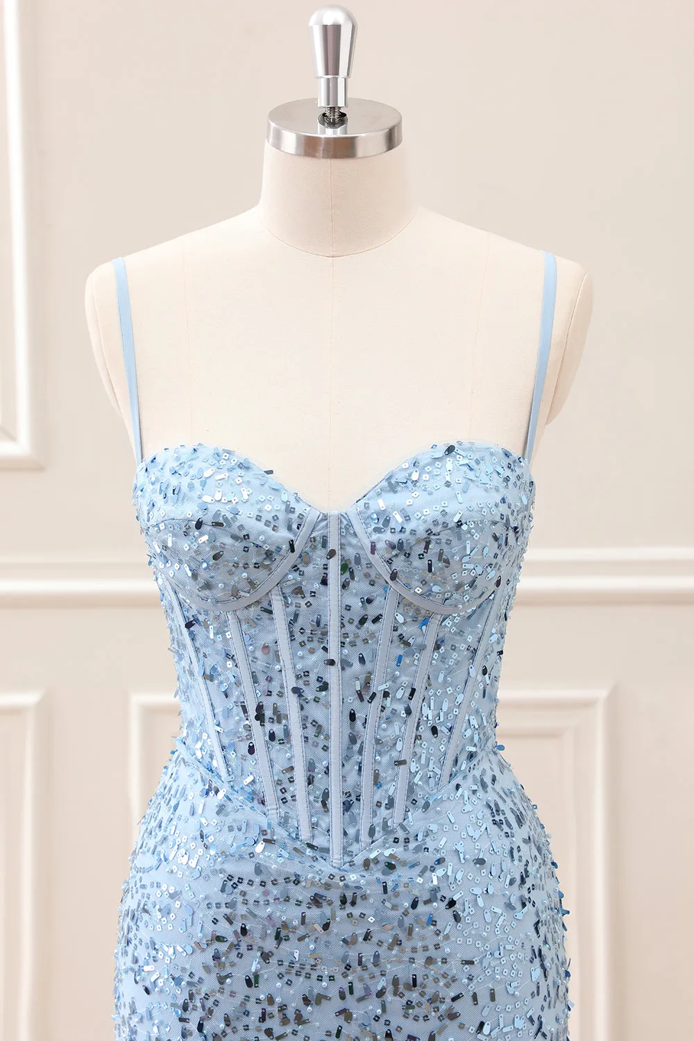 Sparkly Blue Tight Sequins Spaghetti Straps Mini Dress