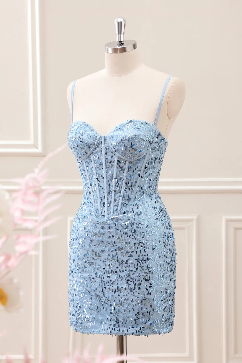 Sparkly Blue Tight Sequins Spaghetti Straps Mini Dress