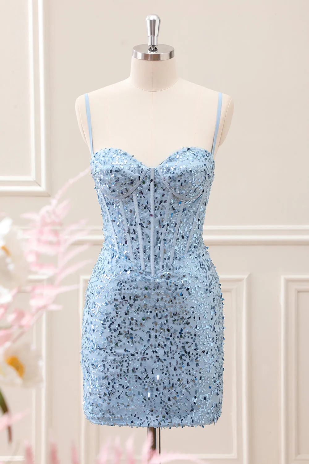 Sparkly Blue Tight Sequins Spaghetti Straps Mini Dress