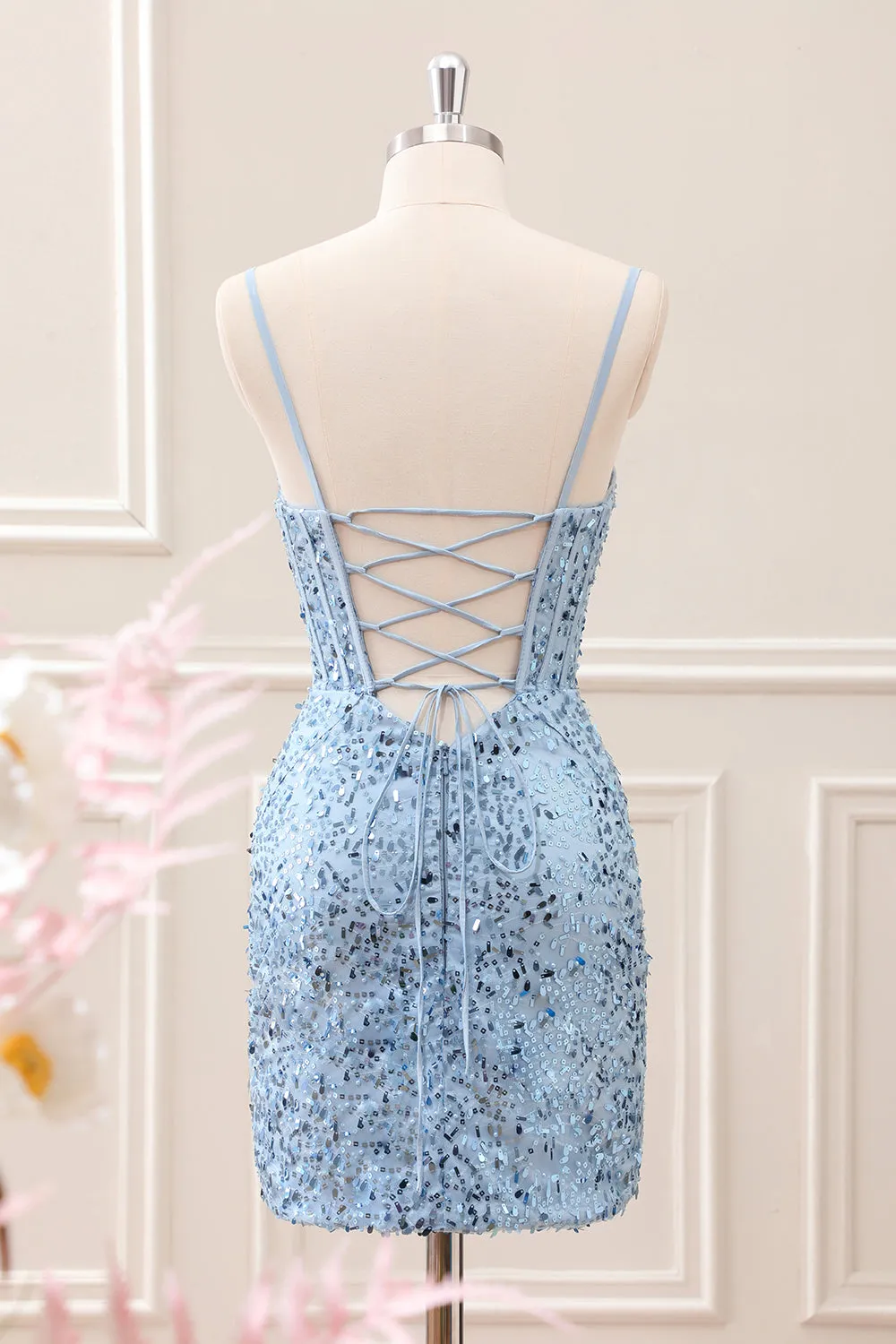 Sparkly Blue Tight Sequins Spaghetti Straps Mini Dress