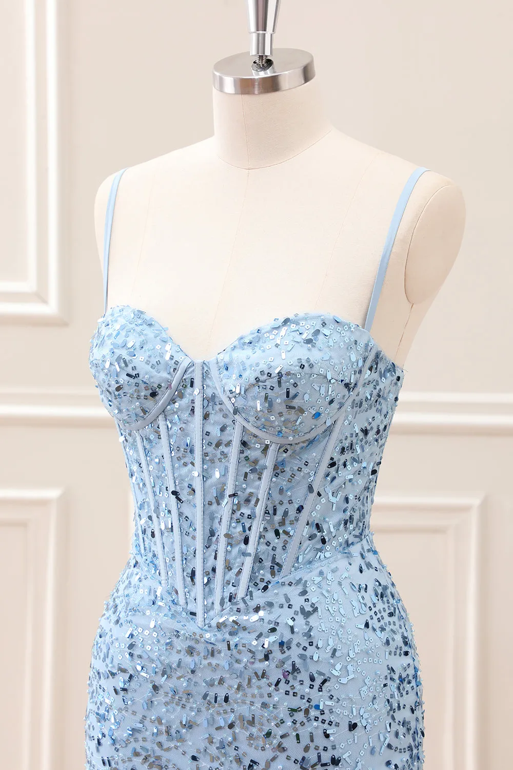 Sparkly Blue Tight Sequins Spaghetti Straps Mini Dress