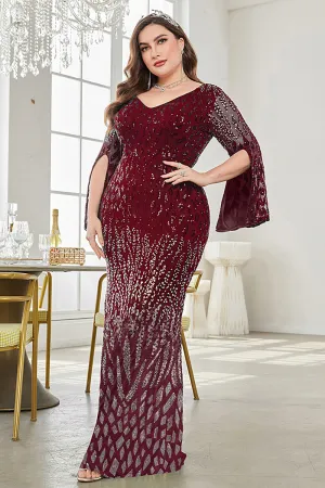 Sparkly Burgundy V Neck Maxi Dress with Split Sleeves