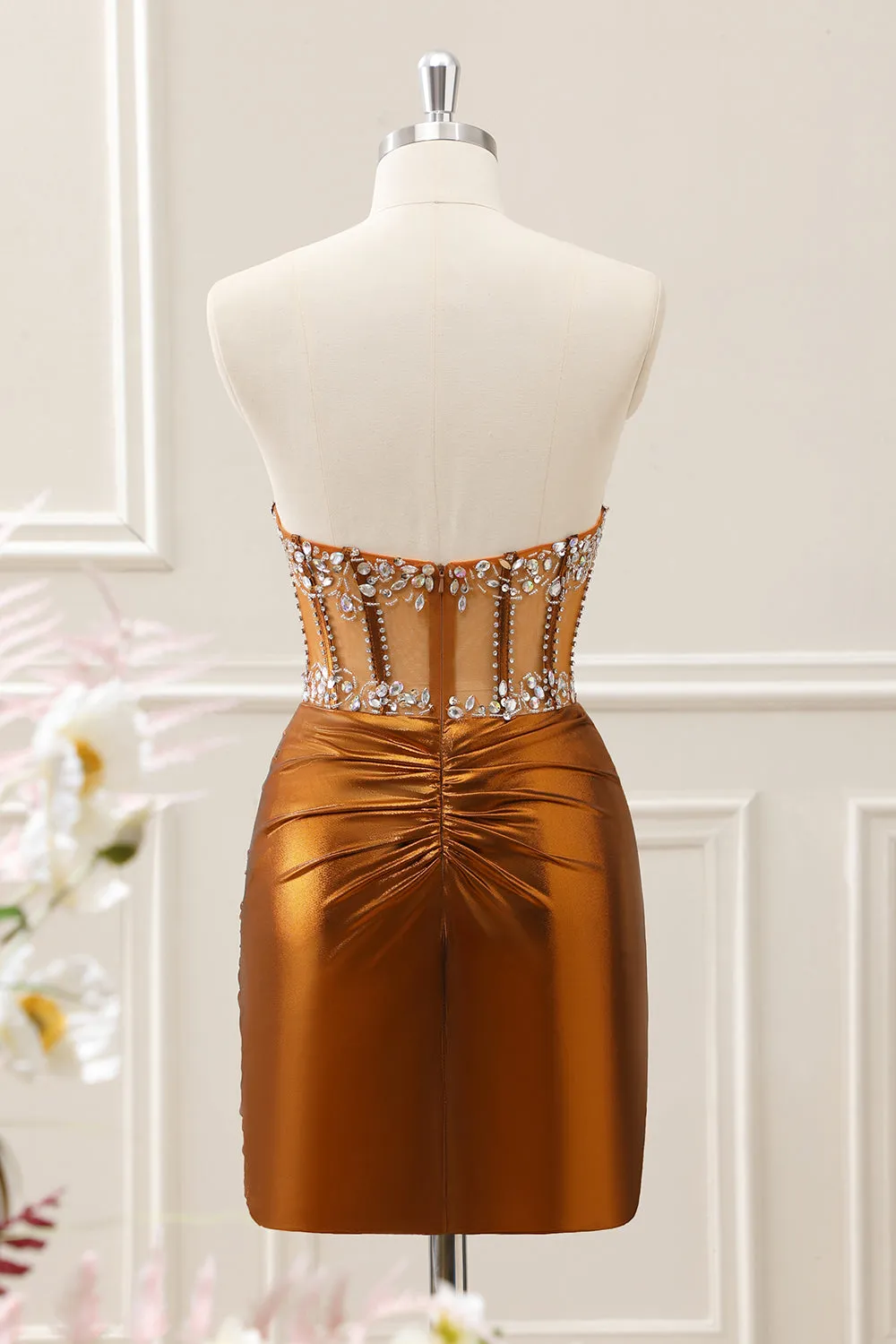 Sparkly Copper Ruched Strapless Corset Homecoming Dress with Beading