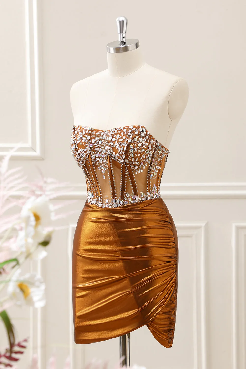 Sparkly Copper Ruched Strapless Corset Homecoming Dress with Beading