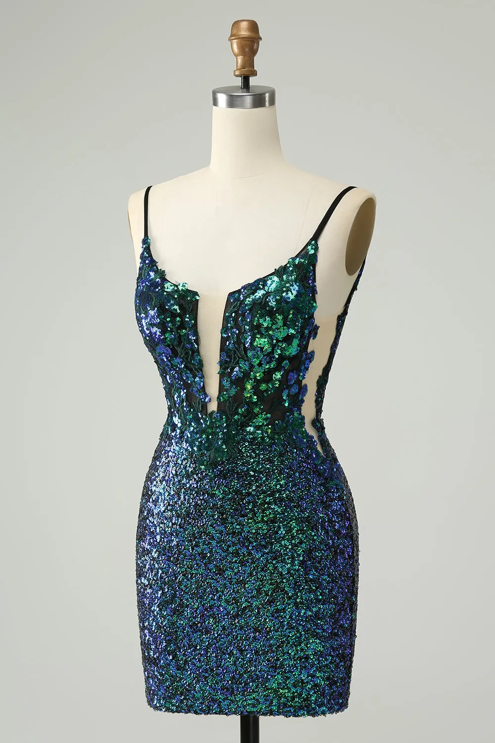 Sparkly Dark Green Spaghetti Straps Tight Mini Dress with Sequins