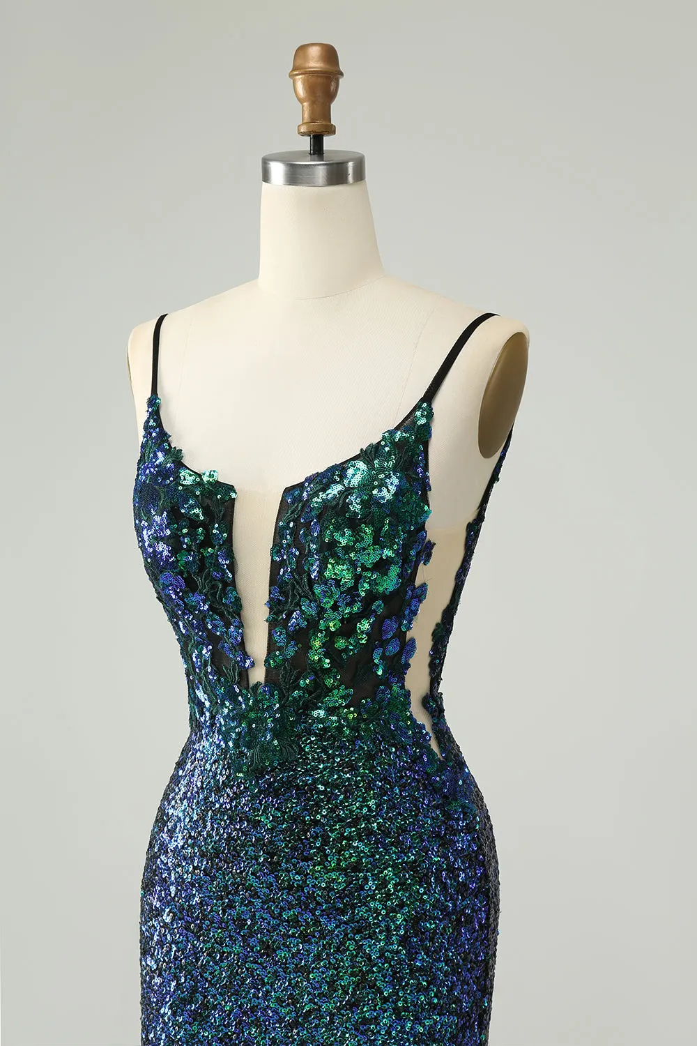 Sparkly Dark Green Spaghetti Straps Tight Mini Dress with Sequins