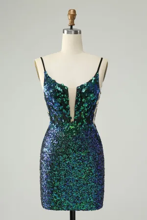 Sparkly Dark Green Spaghetti Straps Tight Mini Dress with Sequins