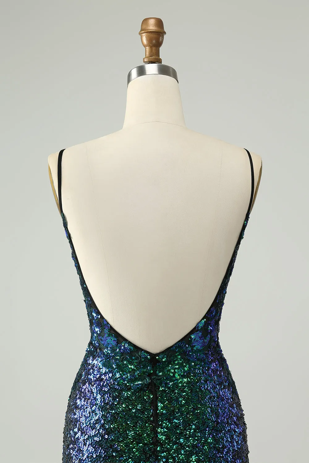 Sparkly Dark Green Spaghetti Straps Tight Mini Dress with Sequins