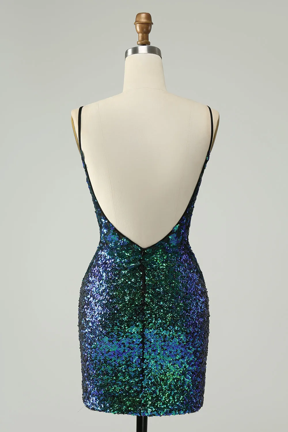 Sparkly Dark Green Spaghetti Straps Tight Mini Dress with Sequins