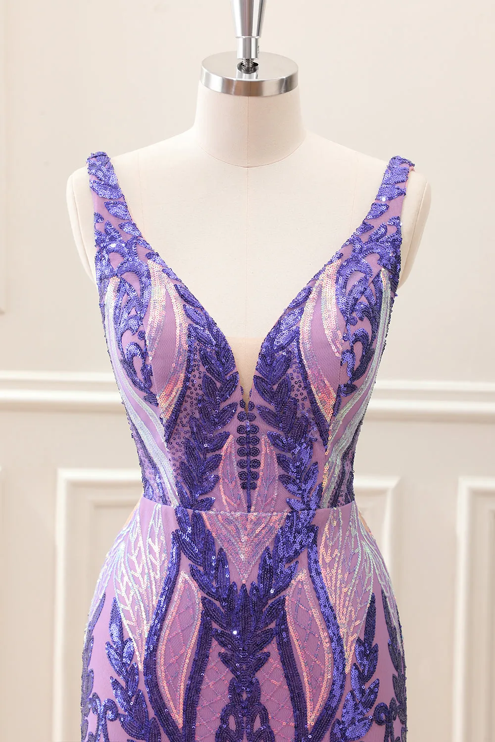 Sparkly Dark Purple Sequined Tight V Neck Mini Dress