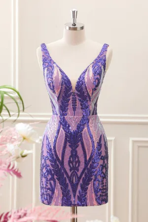 Sparkly Dark Purple Sequined Tight V Neck Mini Dress