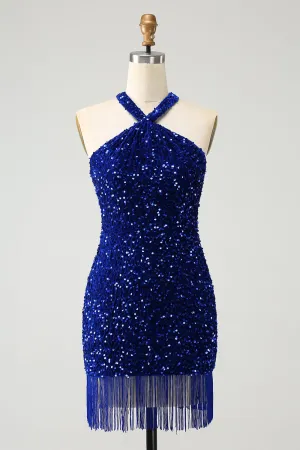 Sparkly Royal Blue Bodycon Halter Sequin Mini Dress with Tassel