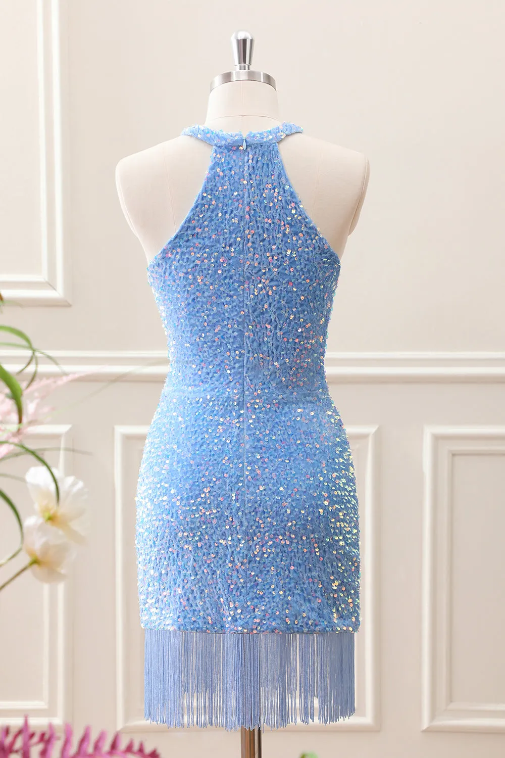 Sparkly Royal Blue Bodycon Halter Sequin Mini Dress with Tassel