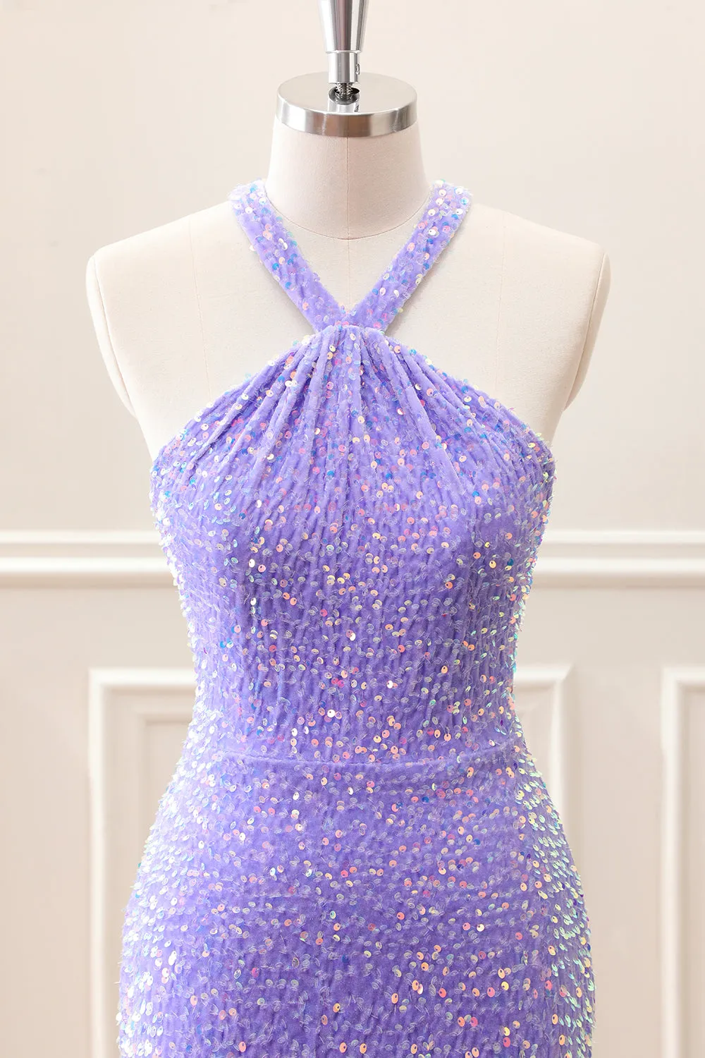 Sparkly Royal Blue Bodycon Halter Sequin Mini Dress with Tassel