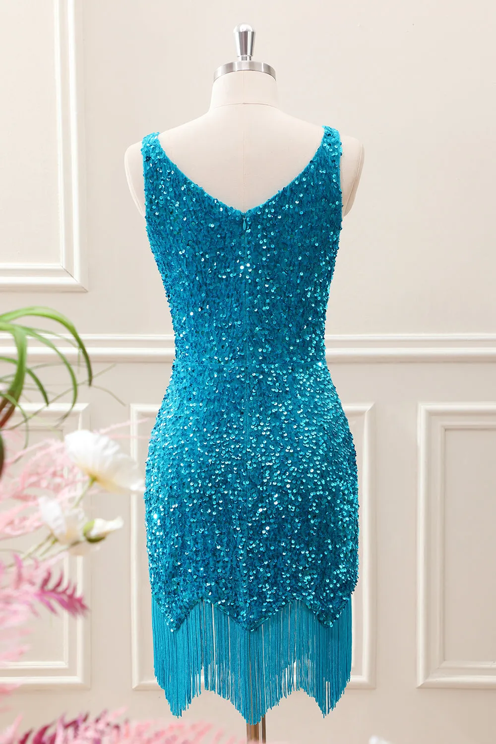 Sparkly Sage Bodycon V Neck Sequin Mini Dress with Tassel