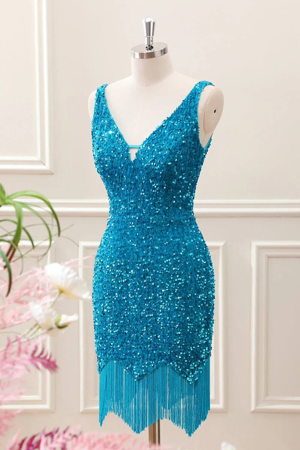 Sparkly Sage Bodycon V Neck Sequin Mini Dress with Tassel