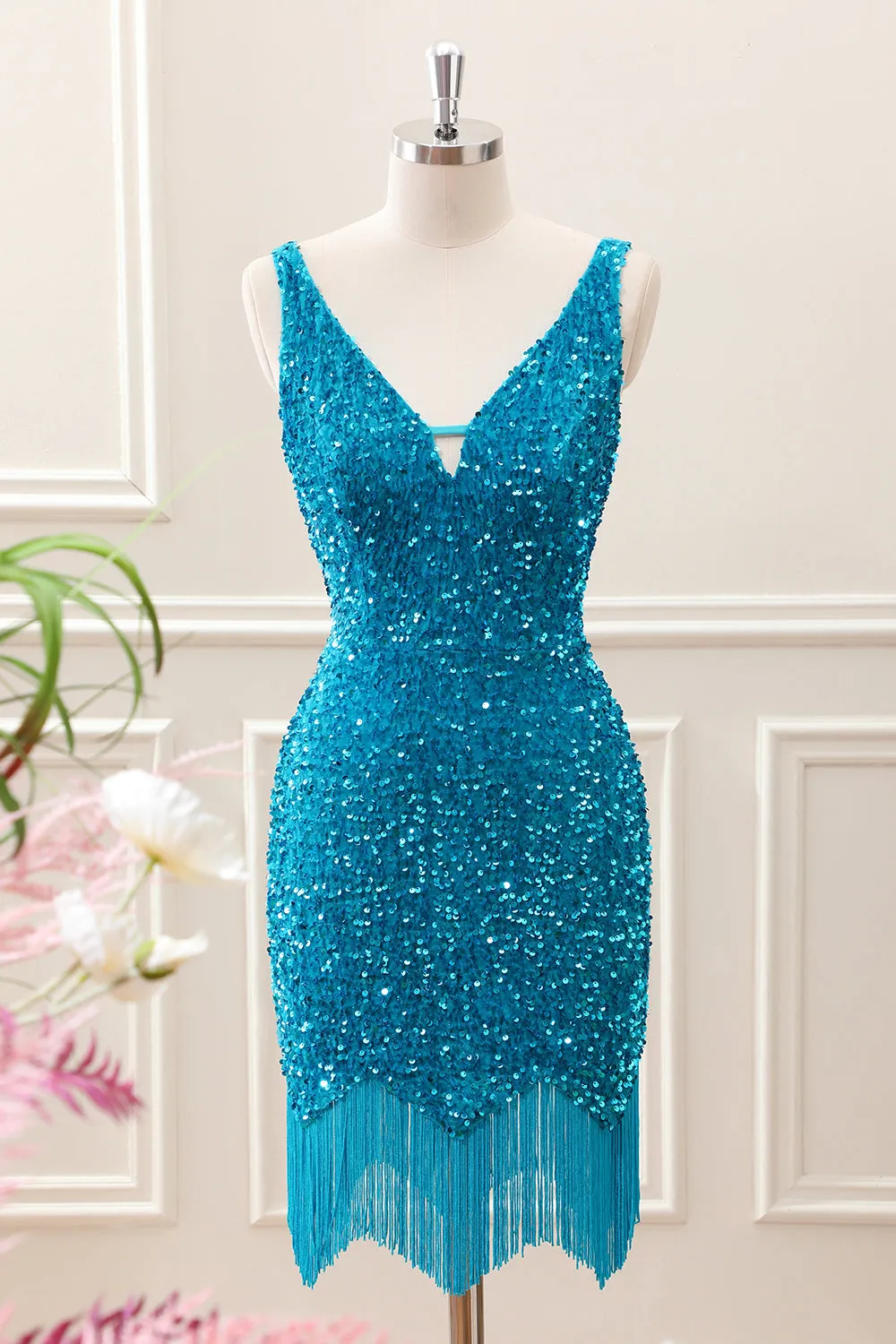 Sparkly Sage Bodycon V Neck Sequin Mini Dress with Tassel