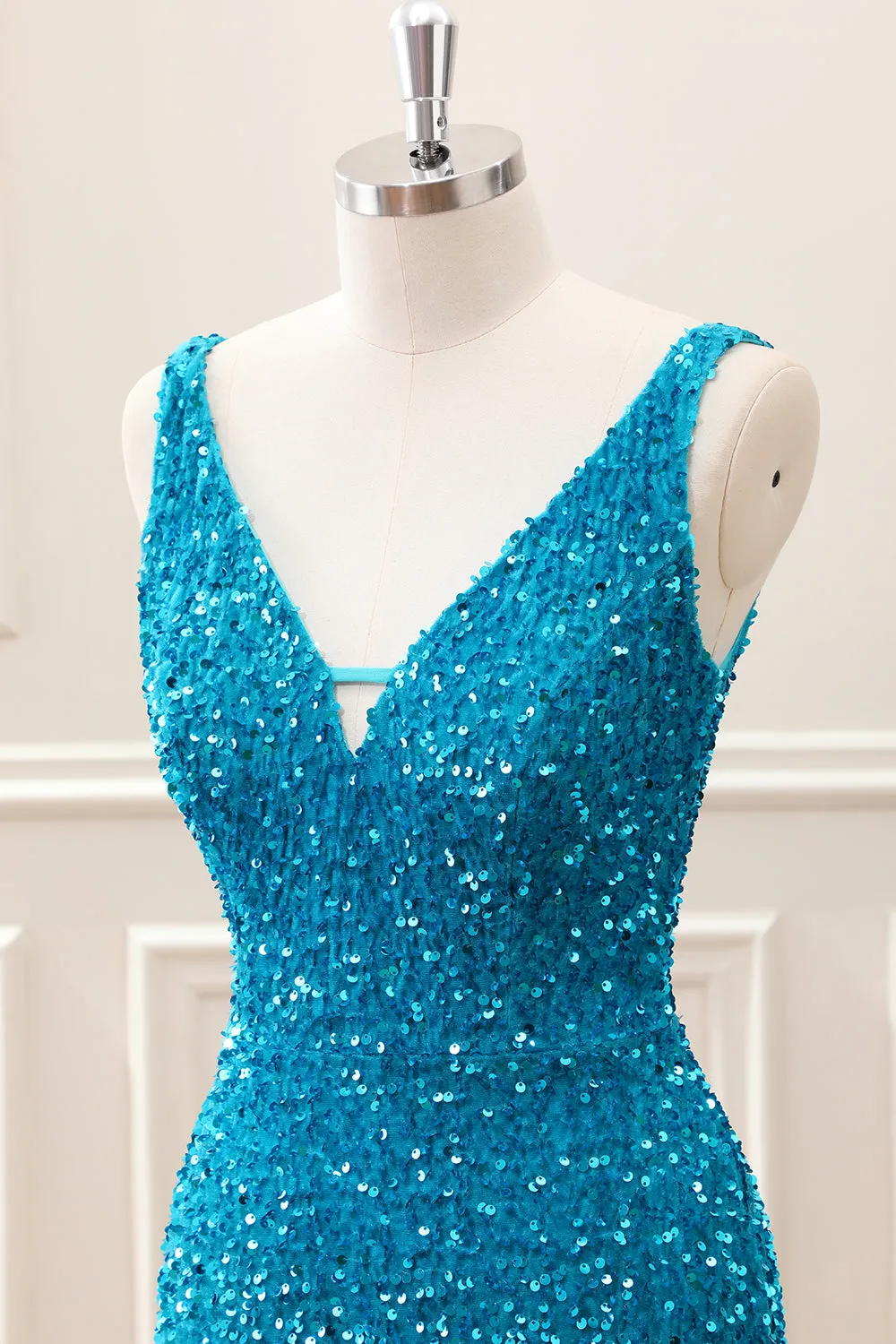 Sparkly Sage Bodycon V Neck Sequin Mini Dress with Tassel