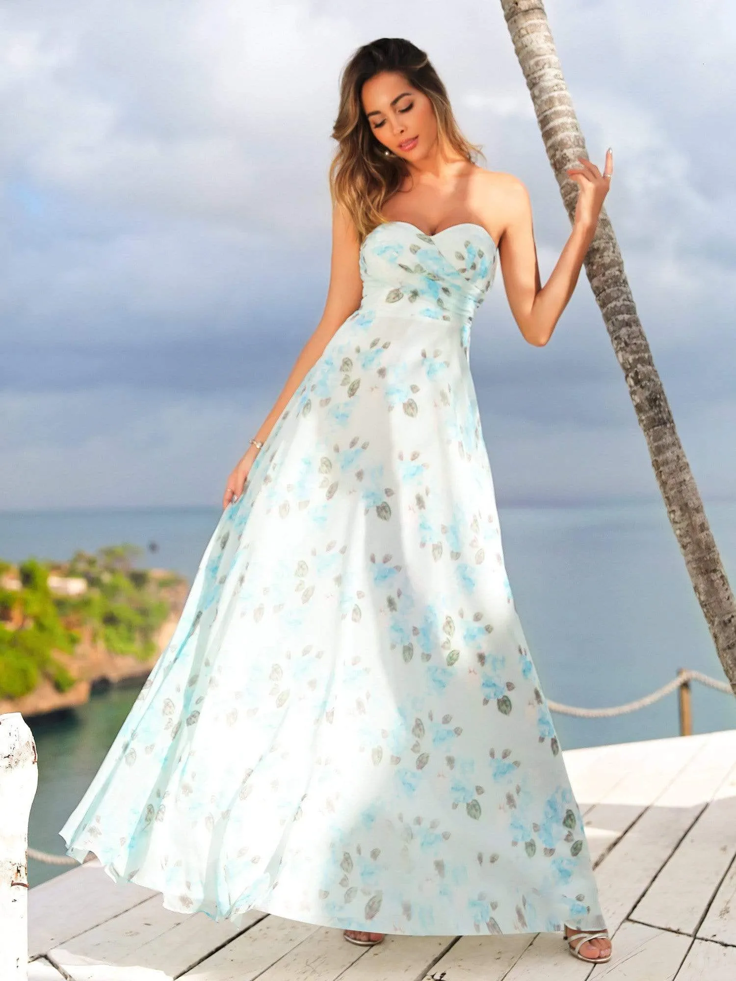 Strapless Long Floral Print Maxi Dress