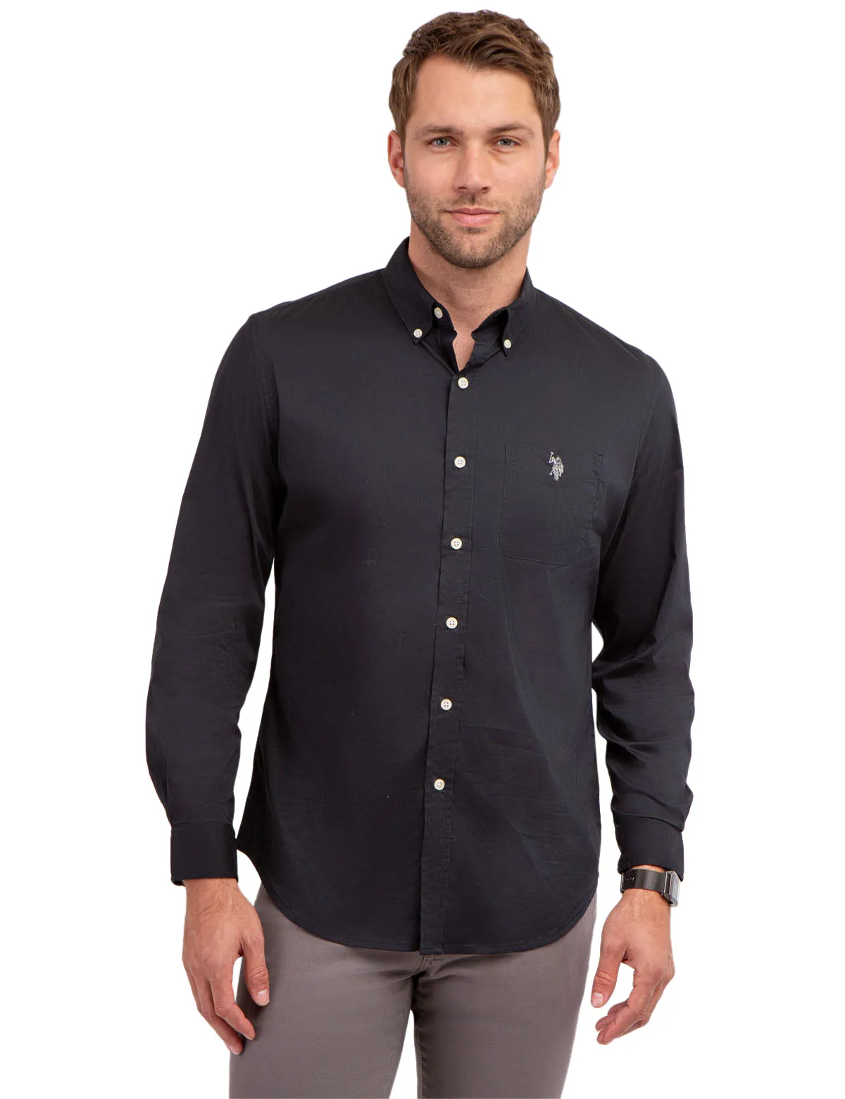 U.S. Polo Assn. Men's Solid Stretch Poplin Long Sleeve Button Down Shirt