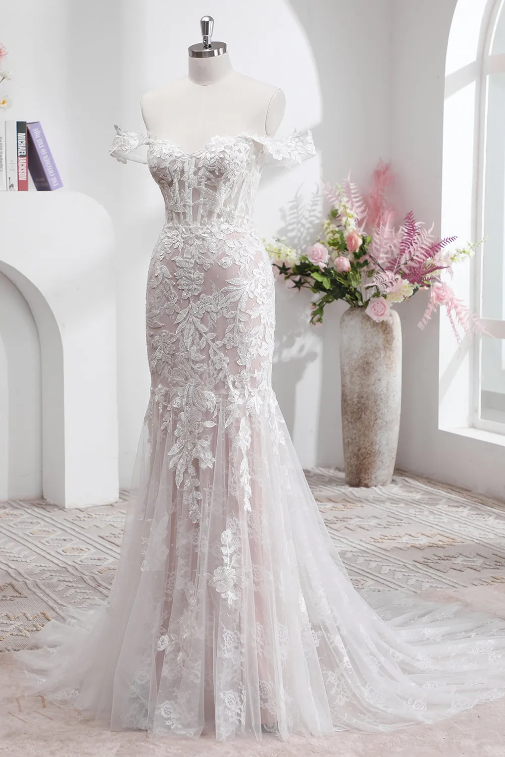 White Mermaid Off the Shoulder Sweep Train Wedding Dress with Applique Lace