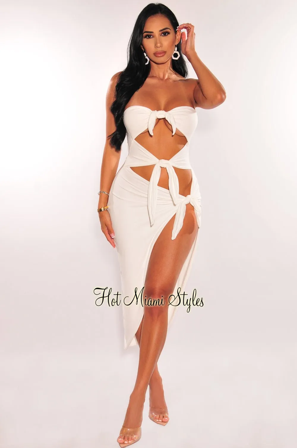 White Strapless Tie Up Cut Out Slit Midi Dress